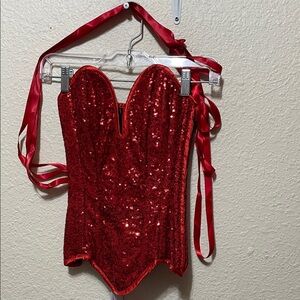 Daisy Corset Red Sequin Steel Boned Corset; Pitchfork; Red Gloves And Red Stock